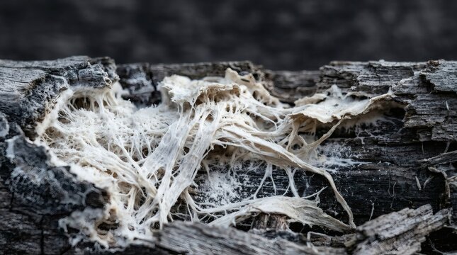 White slime mold growing on decaying wood in forest