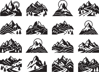 Fototapeta premium Mountain Day Black and White Mountain Landscape Vector Illustration with Pine Trees and Winding Hiking Trail