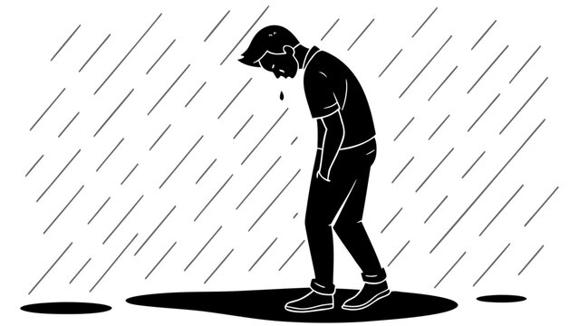 Sad man walking in the rain vector illustration, depressed person silhouette in storm, lonely male character feeling grief and despair