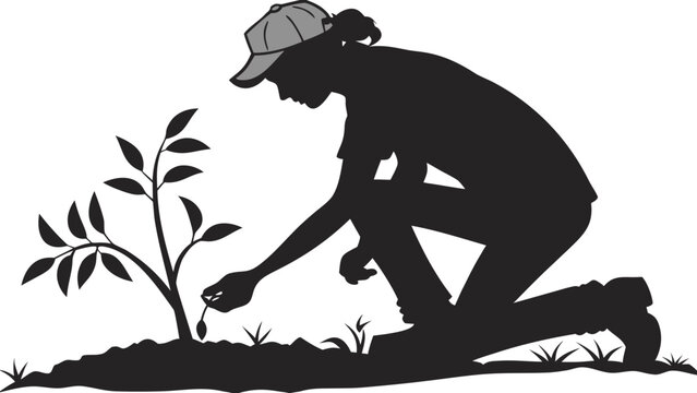 Gardening woman silhouette planting a young tree, female farmer working in the soil, environmental conservation and reforestation vector illustration