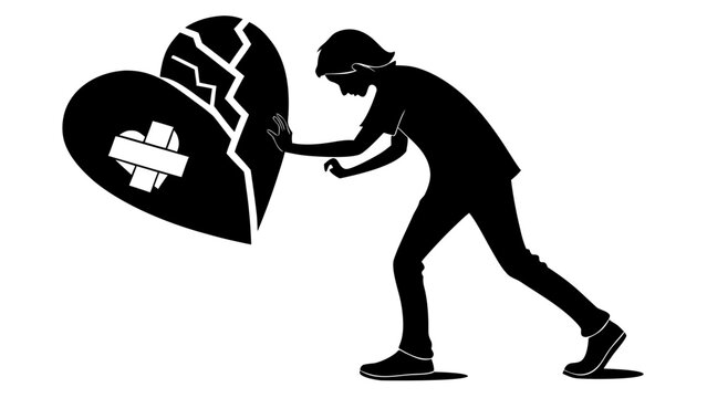 Broken heart silhouette with person trying to fix it, man repairing cracked heart with bandage, emotional healing and relationship recovery concept vector