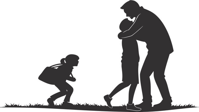 Father hugging son silhouette vector, emotional family reunion on grass, fatherhood and childhood bonding moment, parent and children back to school