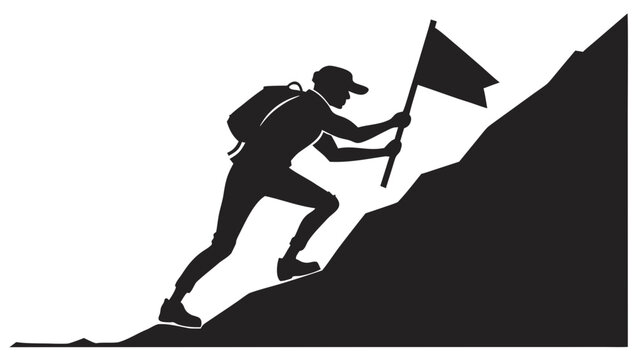 Mountain climber silhouette with flag, determined hiker ascending steep slope, business success and achievement concept vector illustration