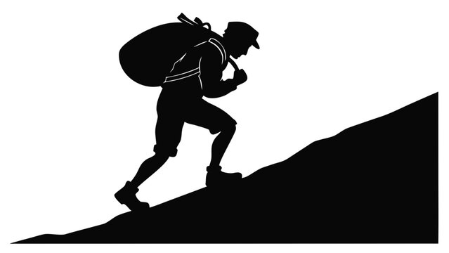 Hiker silhouette climbing steep mountain slope, man with heavy backpack trekking uphill, outdoor adventure and mountaineering vector illustration