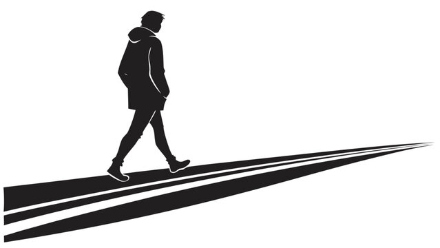 Minimalist silhouette of man walking on long road, lonely traveler on journey toward horizon, black and white vector illustration of life path