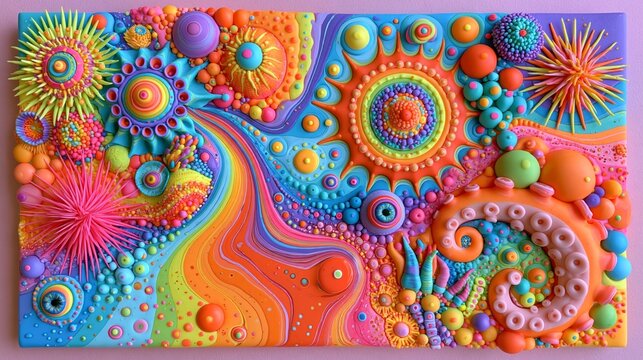 Vibrant, textured art bursts with swirling colors and playful shapes