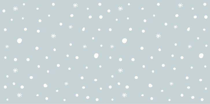 Seamless winter background vector illustration with white falling snow dots and small snowflakes on light blue backdrop for Christmas celebration wrapping paper wallpaper card and web design.
