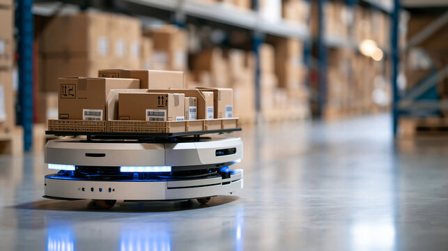 Autonomous warehouse robot transporting several small parcels arranged in a divided cargo tray stable low wheeled base moving between a sorting station and dispatch shelves clean packing