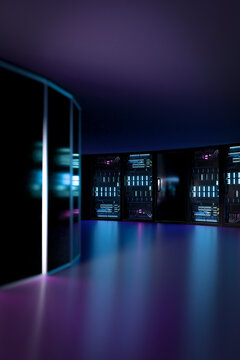 3D vertical data center interior with curved server wall and neon reflection
