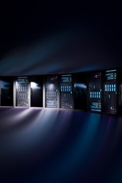 3D server rack wall with dramatic light beam across dark data center