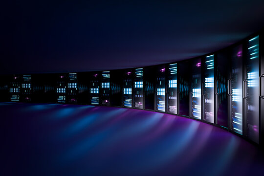 3D luminous curved server array casting blue and violet light on floor