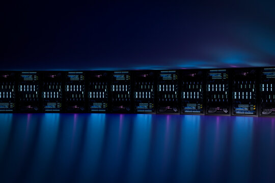 3D panoramic server rack wall with rhythmic cyan and magenta floor light