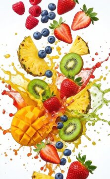 Fresh tropical fruits and berries splashing with juice isolated on white background