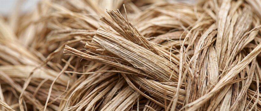 Raffia fiber texture. Close-up of natural dried plant strands and woven material. Craft and organic background