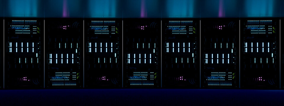 3D luminous curved server array casting blue and violet light on floor