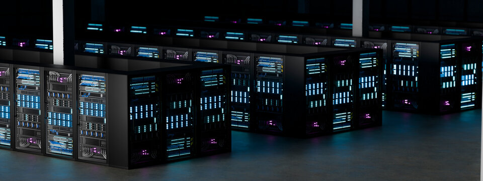 3D modular server rack array in dark data center with cyan network light