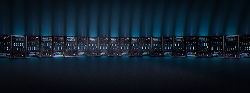 3D luminous curved server array casting blue and violet light on floor