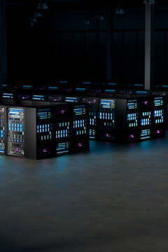 3D vertical server rack array in spacious dark data center interior