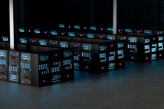 3D enterprise server cluster across dark data center floor with blue light