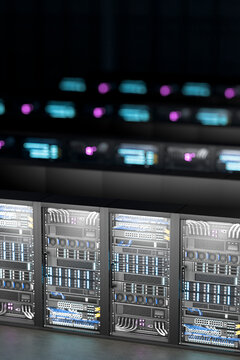 3D close server rack hardware with cyan indicator light and blurred network background