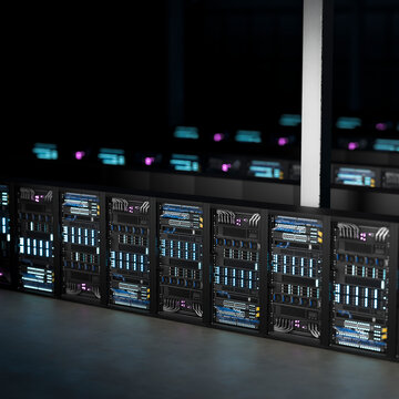 3D network server row beneath structural column in dark computing center