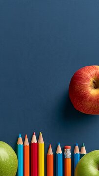 Colorful pencils lean near a red apple and green apples