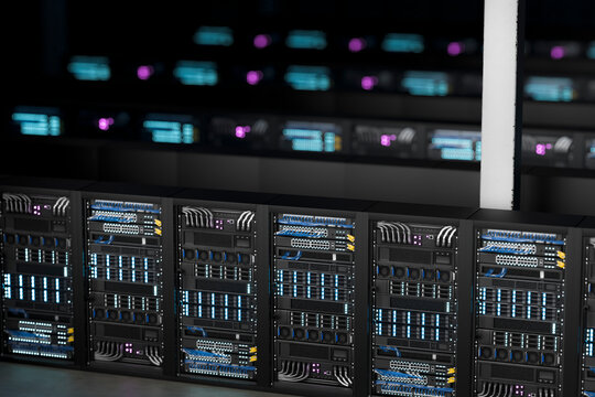 3D server cabinet row with shallow focus and neon data light
