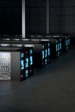 3D deep server rack row in industrial data center with copy space