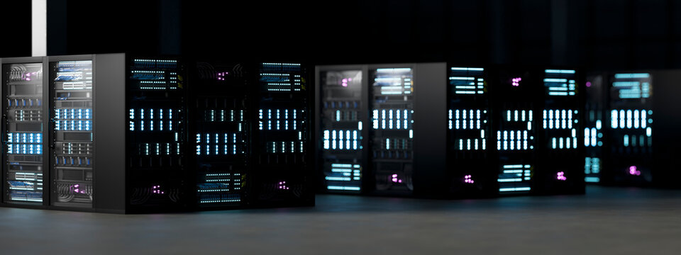 3D distributed server cabinet bank across dark technology facility