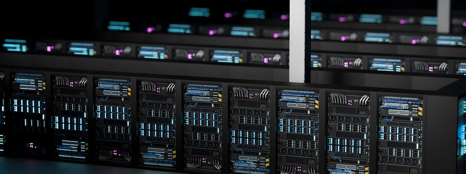 3D detailed server rack line with blue status light and network cable