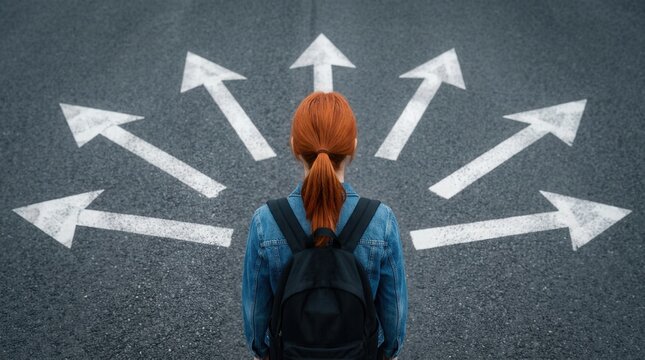 Girl faces multiple paths on a road, symbolizing choice and future career decisions.