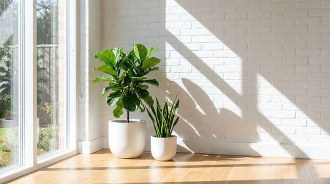 Clean interior background for online presentations featuring a white brick wall and wooden floor