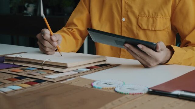 Fashion designer atelier stylish artist or creative tailor drawing with new project cloth design