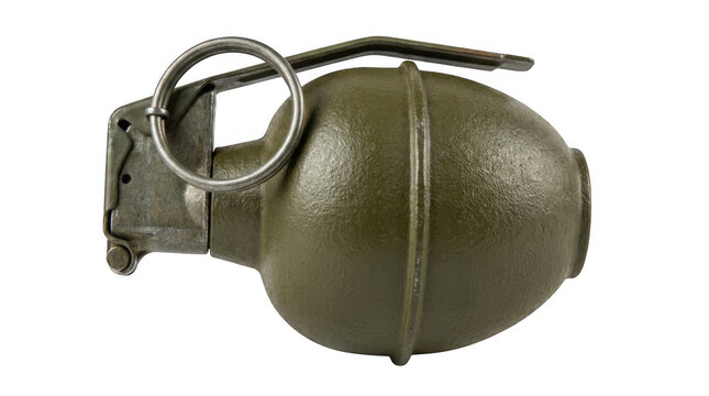 Military hand grenade in olive drab color with safety pin ring and metal lever assembly.