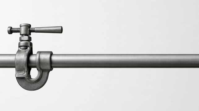 Industrial Tools funny photo: a heavy-duty clamp holding a metal pipe with its handle turned tight, bright white background.