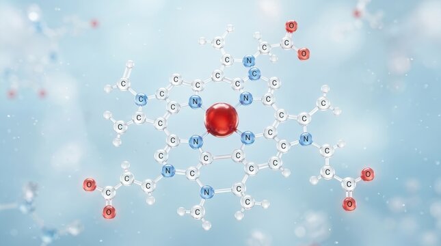 Complex heme molecule structure with iron atom at center isolated on a bright blue background representing chemical research