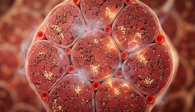 Extreme muscle cross-section with mitochondria, capillaries, glycogen, and buffering ions showing endurance adaptation and fatigue resistance.
