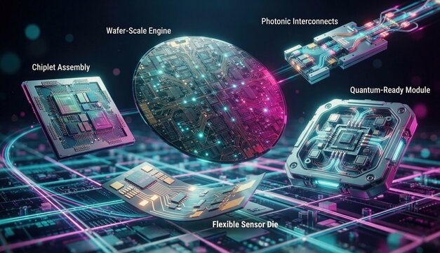 Futuristic semiconductor concept with wafer-scale engine, chiplets, photonic interconnects, flexible sensor die, and quantum-ready modules on a glowing lithography grid.