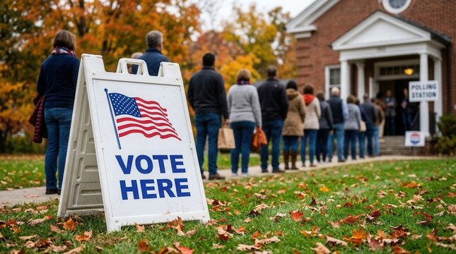 Citizens participate in a democratic election while standing in line at a public voting location.