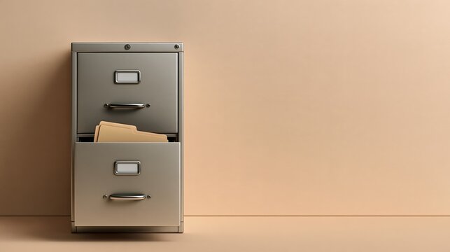 Office Furniture whimsical photo: a filing cabinet on a wall with one drawer slightly open and a single folder inside, warm beige background.