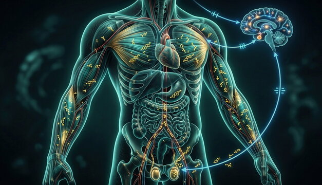 Semi-transparent torso health scan showing testosterone transport through blood vessels, muscle fibers, and brain gonad feedback loops.