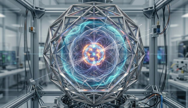 Isotope nucleus in a metallic lattice with magnetic arcs, particle trails, electron clouds, and nuclear spin resonance