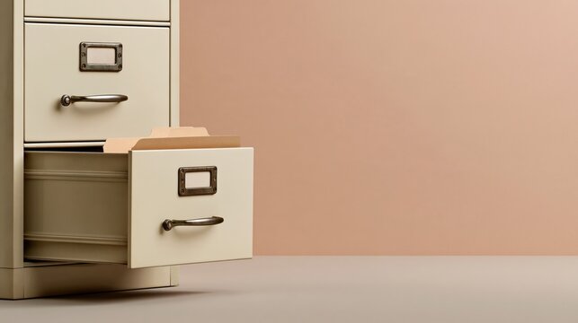 Office Furniture whimsical photo: a filing cabinet on a wall with one drawer slightly open and a single folder inside, warm beige background.