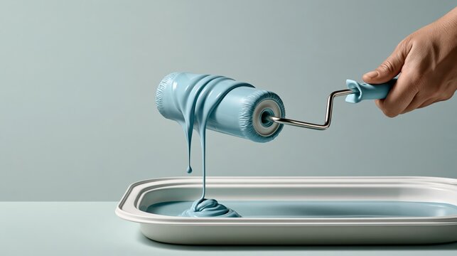 Home Repair humorous photo: a paint roller on a paint tray dripping a single drop of blue paint, soft pastel grey background.