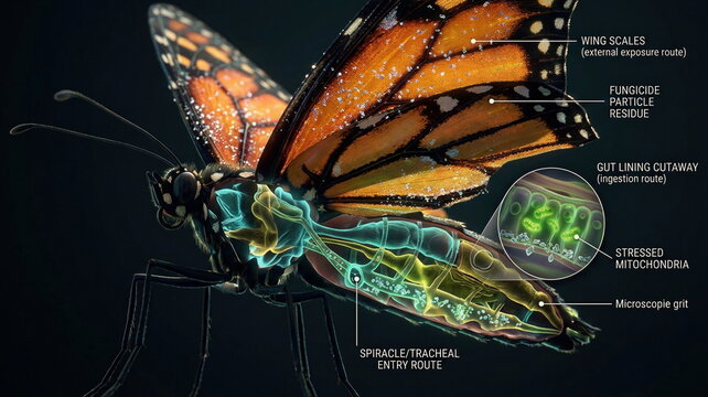 Butterfly macro cutaway showing fungicide exposure through wing scales, spiracles, and gut lining with toxic particles and stressed mitochondria.