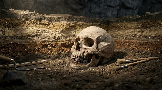 Pleistocene cave excavation cutaway revealing a fossilized Homo sapiens cranium, flint point cheek injury, and layered sediment in a prehistoric archaeology discovery.