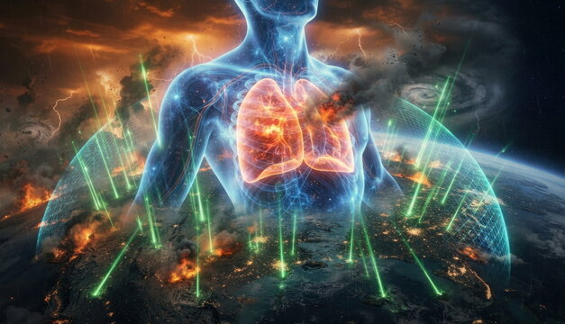 Translucent human torso fused with a damaged planet, glowing lungs, wildfire smoke, floodwater, storm clouds, and clean energy shields for climate health campaigns.
