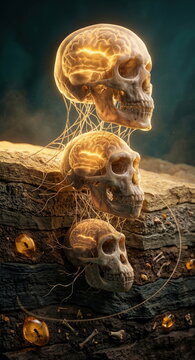 Primate skull evolution with fossil strata, growing brains, neural filaments, and geological timeline