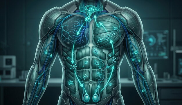 Semi-transparent torso health scan showing testosterone transport through blood vessels, muscle fibers, and brain gonad feedback loops.