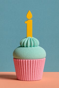 Pastel cupcake with a single yellow candle
